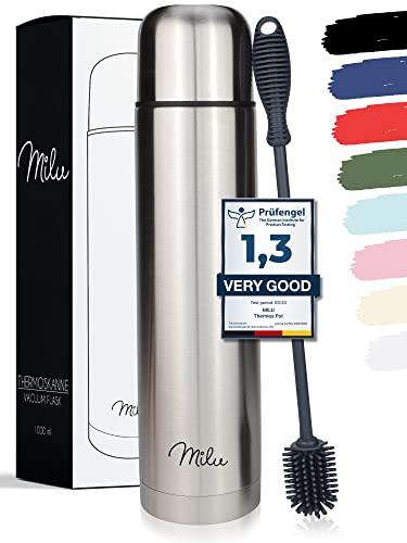 Milu Termo de café 1l - Botella térmica aislada, Frasco de Vacío de Acero Inoxidable, Sin BPA - Doble Pared Aislamiento al Vacio - 100% a prueba de fugas (Acero inoxidable, 1000 ml)