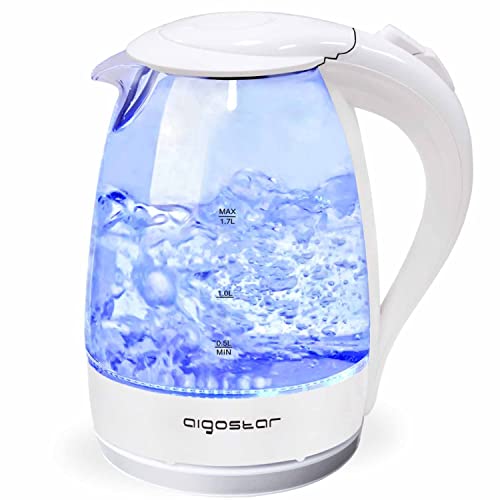 Aigostar Hervidor de Cristal con iluminación LED, 1,7 L Vidrio Borosilicato Hervidor de agua eléctrico, 2200W Ebullición Rápida con Libre de BPA, Filtro Antical, Apagado Automático, Base 360º, Blanco