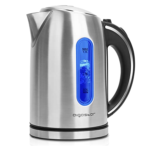 Aigostar King – Hervidor de Agua Eléctrico de Acero Inoxidable, Hervidores Eléctrico con Iluminación Led, 1,7 L, 2200W, Tetera electrica Libre de BPA, Filtro Extraíble, Apagado Automático