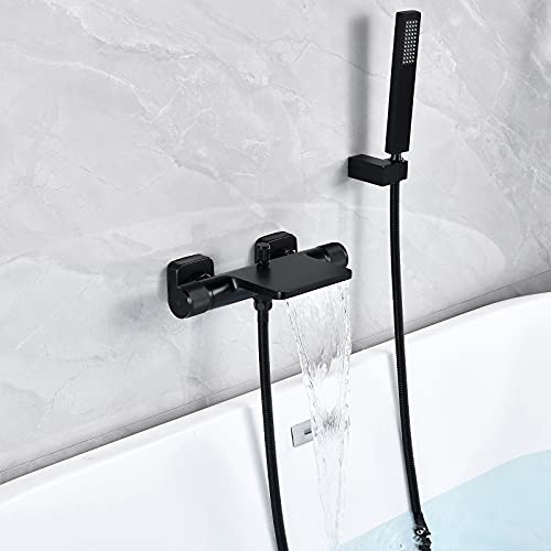 SJQKA-Grifo Bañera Cascada Con Grifo Ducha Monomando,moderno Grifo Bañera Cascada Pared Laton Con Alcachofa (negro+Ducha de mano)