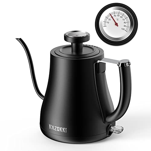 Razorri Hervidor de agua eléctrico de cuello de cisne, termómetro de hervidor de café de acero inoxidable de 0.7L en la tapa Hervidor de agua caliente inalámbrico 1000W negro
