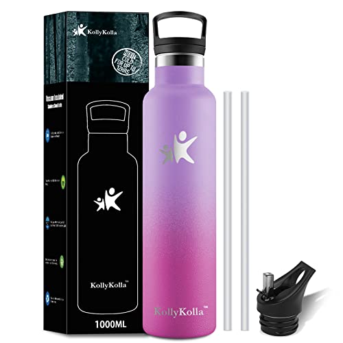 KollyKolla Botella Agua Acero Inoxidable 1 litro, Termo Sin BPA Ecológica Reutilizable, Botella Termica con Pajita y Filtro, Cantimplora, Water Bottle para Niños & Adultos, Deporte, Oficina, Familia