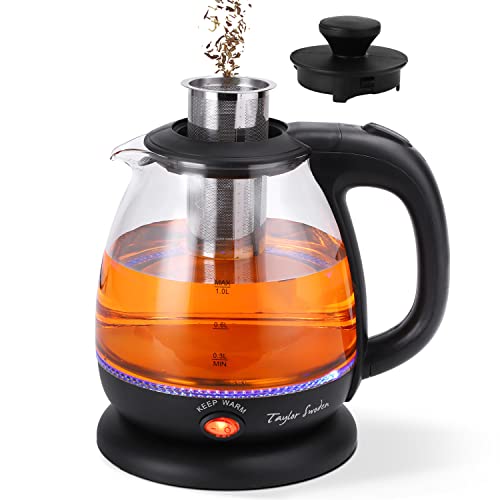 Taylor Swoden Abel - Hervidor de cristal de 1 litro, 2200W, Hervidor de agua eléctrico con iluminación LED libre de BPA, función mantener caliente, con infusor y filtro extraíble
