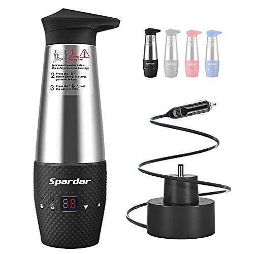 Spardar Taza calefactora de Agua para Coche, Doble Pared, aislada al vacío, Acero Inoxidable, Funcionamiento automático, Encendedor de Cigarrillos para Coche, hervidor eléctrico DC12V (Negro)