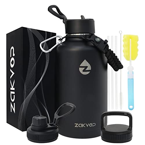 ZAKVOP Botella Termica 2 Litros, Botella Agua Acero Inoxidable con Pajitas y 3 Tapas, Termo Agua de Doble Pared con Asa de Paracord, Botella de Agua Termica a Prueba de Fugas, Botella Agua Gym