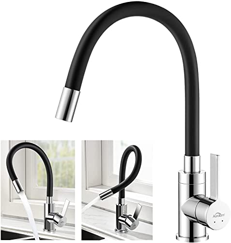 Auralum Grifo Cocina Flexible, Grifos Cocina Fregadero Giratorio a 360º, Grifo Cocina Negro con Aireador Desmontable, Grifo de Cocina para Agua Caliente y Fría