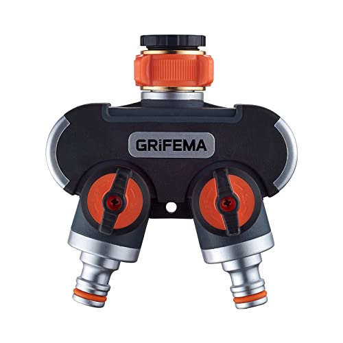 GRIFEMA GE1401-2 Distribuidor de 2 vías, Desviador de Grifo de 3/4 y 1/2, con Adaptador para Ajuste de Caudal, riego con 2 Conectores de Manguera, Naranja y Negro, Distribuidor de 2 vías