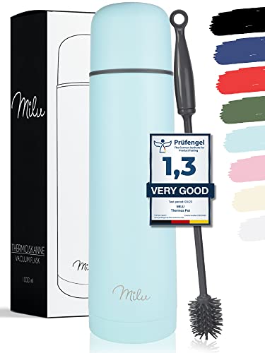 Milu Termo de café 500ml, 750ml, 1l - Botella térmica aislada, Frasco de Vacío de Acero Inoxidable, Sin BPA - Doble Pared Aislamiento al Vacio - 100% a Prueba de Fugas (Azul Claro, 500 ml)