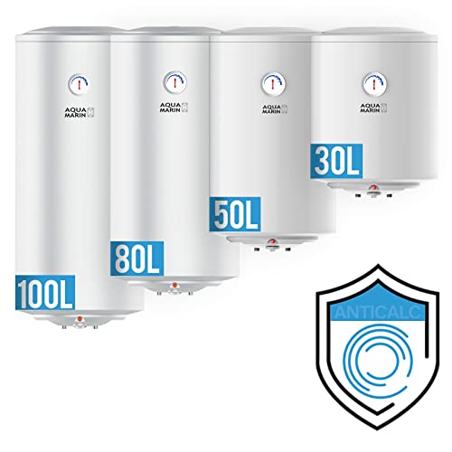 Aquamarin® Termo Eléctrico - Modelo ANTICAL, Capacidad de 30/50/80/100 Litros, 1,5 kW, Termostato 75° C, CEE: B/C, Instalación Vertical - Calentador, Acumulador de Agua Caliente, Ducha (100L)