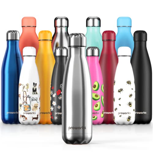 Proworks Botellas de Agua Deportiva de Acero Inoxidable | Cantimplora Termo con Doble Aislamiento para 12 Horas de Bebida Caliente y 24 Horas de Bebida Fría - Libre de BPA - 1.5L – Plata