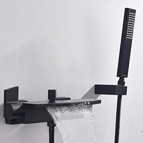 Grifo Bañera Cascada Negro Con Grifo Ducha Monomando,moderno Grifo Bañera Cascada Pared Laton Con Alcachofa (B)