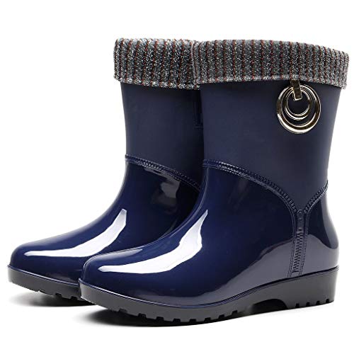 ZODOF Botas de Agua Mujer Estilo Punk Tubo Medio Calentar Botas de Nieve De Las Mujeres Antideslizante Botas de Lluvia Al Aire Libre Zapatos de Agua para Otoño e Invierno(Azul,37 EU)