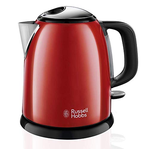 Russell Hobbs Hervidor de Agua Eléctrico Colours Plus - 1 litro, Hervidor Pequeño, 2400 W, Filtro Extraíble, Zona de Ebullición Rápida, Base de 360°, Indicador Nivel de Agua, Inox., Rojo - 24992-70