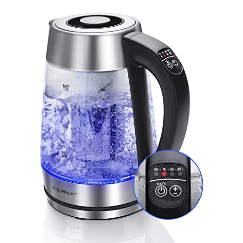 Aigostar Cris - Hervidor de agua, vidrio de borosilicato con infusor de té, 5 niveles de temperatura, 1.7L, 2200 W, función mantener caliente, iluminación LED, apagado automático, libre de BPA.