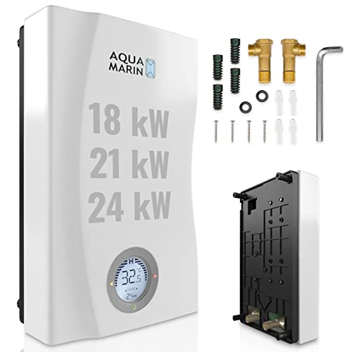 Aquamarin® Termo Eléctrico - 18/21/24 kW, Instantáneo, 0,9 Litros, Temperatura hasta 60°C, con Pantalla LCD, Blanco - Calentador de Agua sin Tanque, Ducha, Sistema de Agua Caliente Para Cocina y Baño