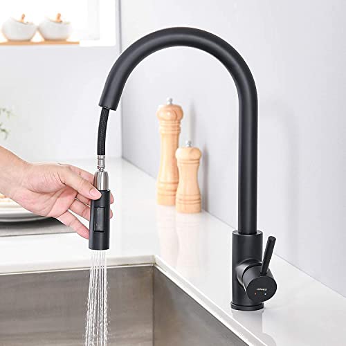 Grifo de cocina negro, Lonheo giratorio 360°, grifo de cocina extensible, alta presión, grifo mezclador de cocina con ducha, 2 tipos de chorros de agua, acero inoxidable