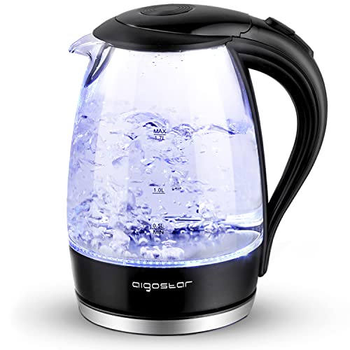 Aigostar Adam 30GOM - Hervidor de Agua Eléctrico de Cristal, Hervidores Eléctrico con Iluminación Led, 1,7 L, 2200W, Libre de BPA y Sistema de Protección Contra la Ebullición en Seco, Base 360º