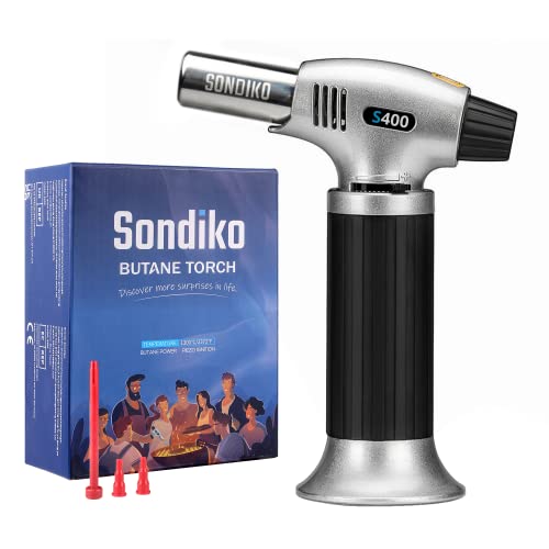 Sondiko Soplete De Cocina, Profesional Antorcha Butano Encendedor, Recargable Mini Culinario Soplete con Cerradura de Seguridad & Llama Ajustable para barbacóa Brulée Crema Cámping (Gas no Incluido)