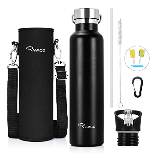 Ryaco Botella de Agua aislada al vacío de Acero Inoxidable, 750ml, diseño de Pared Doble para Mantener Sus Bebidas Caliente y Fría, Sin BPA, Ideal Botella de Agua Deportiva (1000ml, Negro)