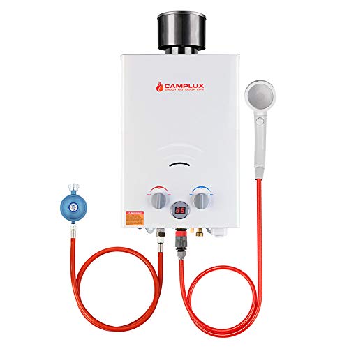 Camplux BW158C - Calentador de agua de gas con campana de lluvia, sin depósito LPG portátil, 6 litros, 12 kW, 50 mbar, para ducha de camping