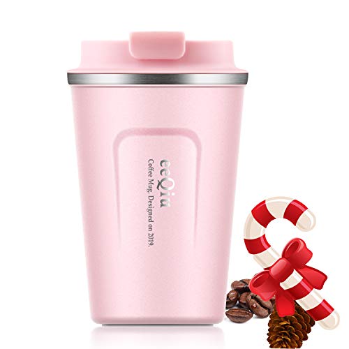 eeQiu Taza de Viaje - Taza de café aislada 13 oz, Taza de Acero Inoxidable 100% a Prueba de Fugas para café Caliente y frío, Leche y té (Rosa)…