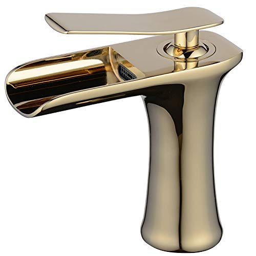 Beelee BL9009G Grifo de Lavabo Cascada para Baño, Monomando Mezclador grifo del Fregadero, solo agujero, oro pulido