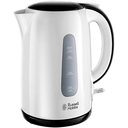 Russell Hobbs Hervidor de Agua Eléctrico My Breakfast - 1,7 litros, 2200 W, Filtro Extraíble, Indicador Nivel de Agua,Plástico, sin BPA, Blanco y Negro - 25070-70