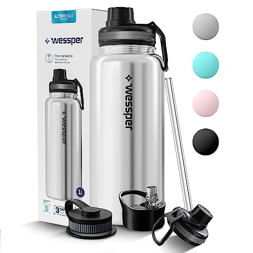 Wessper Botella Agua Acero Inoxidable 1L Botella Termica Sin BPA con 3 Tapones | Plata Elegante Botella Resistencia al Rayado, fácil de Limpiar | Termo Agua Fria/Caliente para Niños Adultos