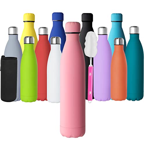 GeeRic Botella Termica 1 Litro,Botella Agua Acero Inoxidable Mantener 12H Caliente/24 Frío,Botella de Agua+Cepillo+Bolsa portátil para Taza Termo para Acampar,Escuela,Deportes,Rosado