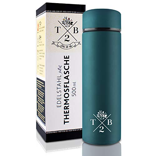 T2B Botella de Termo 24h frío / 12h Caliente - Botella de té frío con infusor de Fruta, Doble Pared aislada, Inoxidable - 100% estanca, Botella para Beber en Azul, 500ml