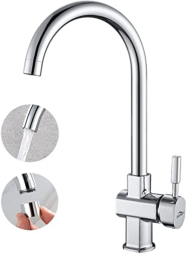 Auralum Grifo Cocina Caño Alto con Aireador desmontable, 360° Grifo Monomando Agua Frío y Calor Disponibles, Cromo Grifo Mezclador de Fregadero