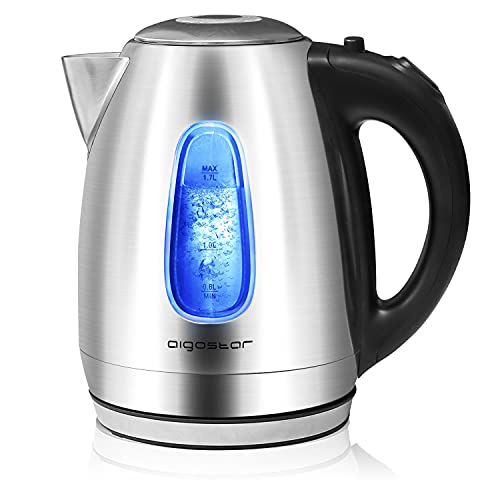 Aigostar Queen - Hervidor de Agua Eléctrico, con iluminación led, 1,7 litros, Libre de BPA, Acero Inoxidable, Filtro Antical, Sistema de protección contra la ebullición en seco, 2200W, Diseño exclusivo.