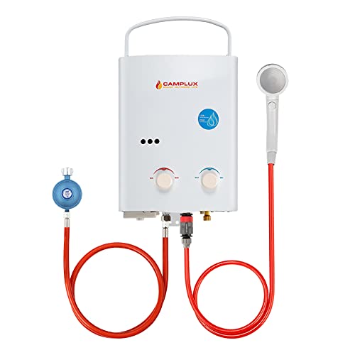 Camplux AY132-DE Tankless Calentador de Gas (50 mbar, 5L, con Mango Portátil, 10kW, Gas Propano o Butano, para Ducha de Camping)