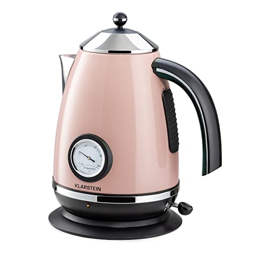 Klarstein - Aquavita Chalet, hervidor de agua, calentador de agua eléctrico, de estilo retro, 1,7 litros, 2200 vatios, sin cable, indicador de temperatura vintage, mango cool-touch, color rosa