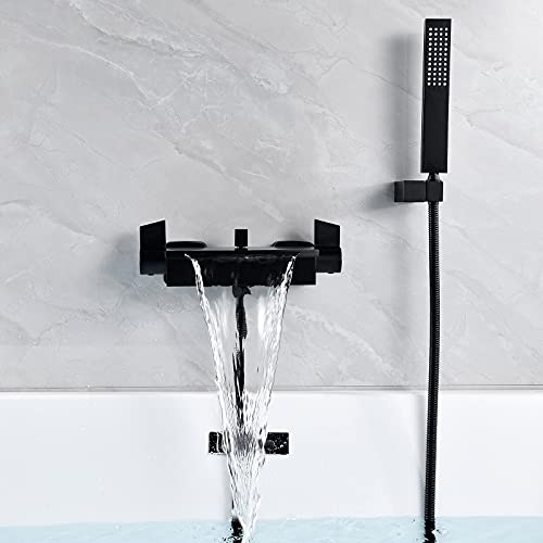 Grifo Bañera Cascada Con Grifo Ducha Monomando,moderno Grifo Bañera Cascada Pared Laton Con Alcachofa (Negro)