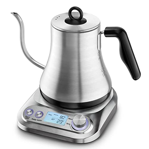 Homtone Hervidor de agua eléctrico de cuello de cisne, 1000W Hervidor de café y té de acero inoxidable, Ajuste de Temperatura 45-100ºC, 0.8 litros Pour Over Kettle eléctrico