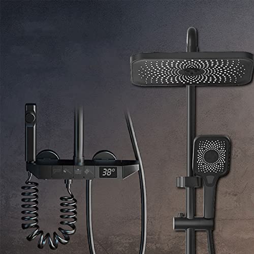 Billg Columna de Ducha Termostática, Sistema de Ducha Moderno De 4 Funciones, Rociador de Ducha 29x19cm, Pantalla Digital, Regulable en Altura, Pistola de Refuerzo, con Mezclador de Baño Empotrado