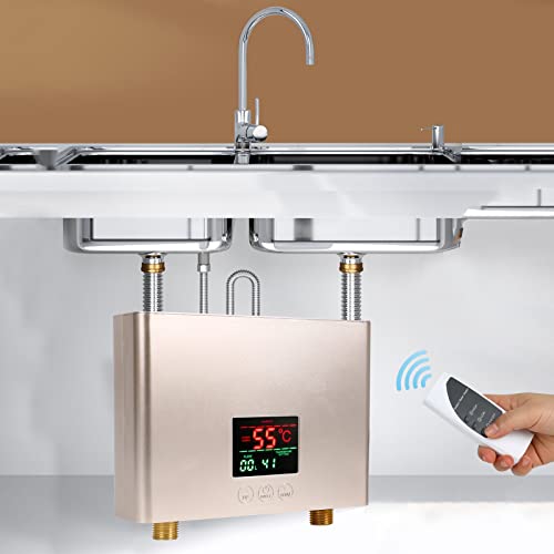 Calentador de Agua instantáneo eléctrico,CEIEVER sistema de agua caliente instantáneo 220V 3000W Mini Termo Eléctrico con Pantalla LCD Calentador de Agua sin Tanque para el cuarto de baño (oro)