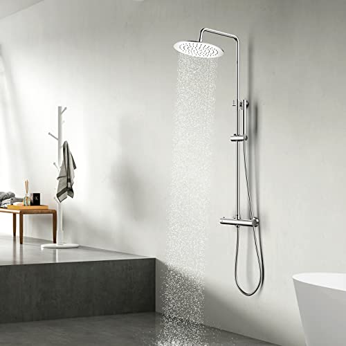 Columna Ducha Termostática YOOZENA, Duchas de Baño Columna Extensible con Ducha Lluvia 25cm, Alcachofa de Ducha con Manguera, Grifo Termostatico Ducha, Redondo Cromado