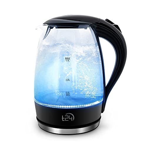 T24 Hervidor de agua de cristal LED, 1,7 litros, con iluminación LED, protección contra funcionamiento en seco, sin BPA, 2200 W, certificado TÜV Rheinland GS, color negro