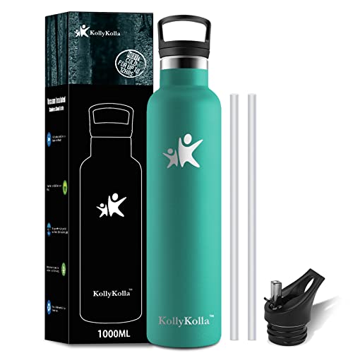 KollyKolla Botella Agua Acero Inoxidable 1 litro, Termo Sin BPA Ecológica Reutilizable, Botella Termica con Pajita y Filtro, Cantimplora, Water Bottle para Niños & Adultos, Deporte, Oficina, Familia