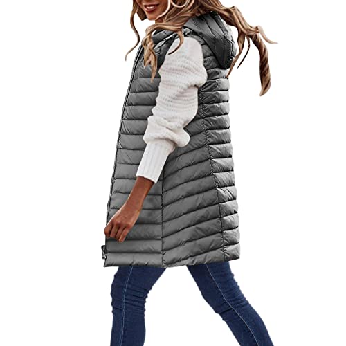 Chaleco Abajo de Algodón para Mujer Abrigos Largos sin Mangas Otoño Invierno Chaleco Acolchado con Capucha Chaqueta Cálida de Longitud Media Calentar Parka Suelto Tallas Grandes(I Gray,3XL)