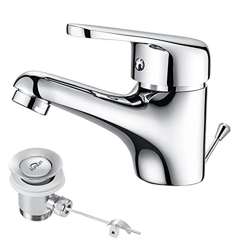 Grifo Lavabo, Auralum Grifo Baño con Vaciador Desague Automatico, Mezcladora Monomando para Lavabo, con Aireador Desmontable Agua Frío y Calor Disponibles Clásico Cromado