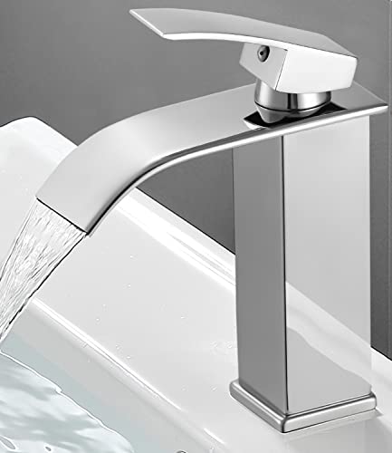 FAOKZE Grifo de lavabo,Grifo Lavabo Cascada Moderno,Grifo de lavabo con bonito diseño,Grifo de baño para agua fría y caliente,Cromado, Válvula De Cerámica,Ajustable de Caliente y Frío