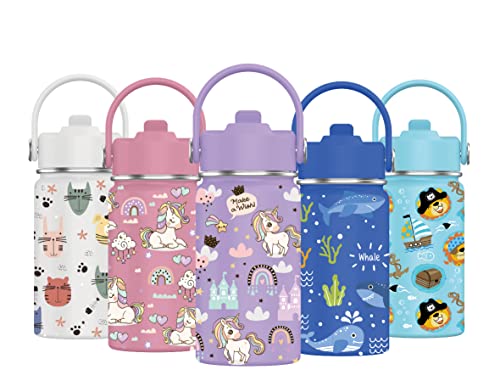 Botella de Agua para Niños de Acero Inoxidable 350ml - Botella Térmica Reutilizable | Sin BPA | Mantiene 24H Frio / 12H Calor | Termo y Hermética - Doble Pared a Prueba de Fugas (Unicornio Lila)