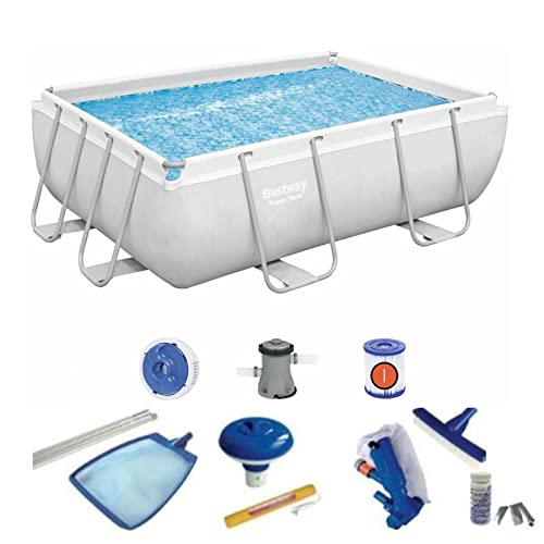 Pack Piscina Rectangular Bestway Frame 287x201x100 cm con Depuradora, Escalera, Kit de Limpieza, y Dispensador de Cloro