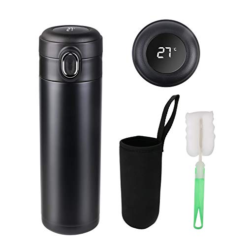 Flintronic Taza de Viaje, 450ml Termo Doble Pared De Aislamiento, Termo de Café, Versión Mejorada Frasco de Vacío de Acero Inoxidabl 316, Pantalla LED Táctil Inteligente con Temperatura, Negro