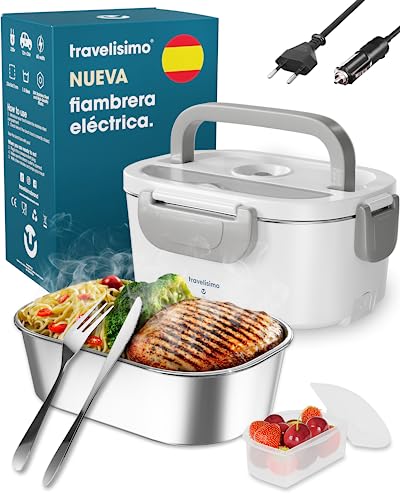 TRAVELISIMO Fiambrera Electrica 3 en 1 60W para Coche Camión y Trabajo 220V+12V, Calienta Comida en Minutos, Termica Termo Acero Inoxidable 1.5L, Tartera Eléctrica Portatil