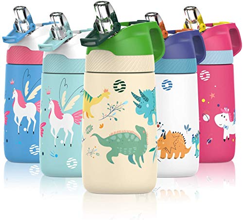FEIJIAN Botella Agua Acero Inoxidable Niños Sin BPA/Sin Fugas, 350ML Botella Termica con Pajita Doble Pared, Botellas de Frío/Caliente Reutilizable para Colegio