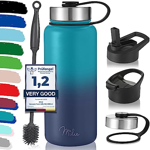 Milu Botella de Agua, 500ml, 750ml, 1000ml (+3 Tapas) - Acero Inoxidable, Libre BPA, Para Bebidas Calientes, Frías y Carbonatadas (Azul Verde, 1l)
